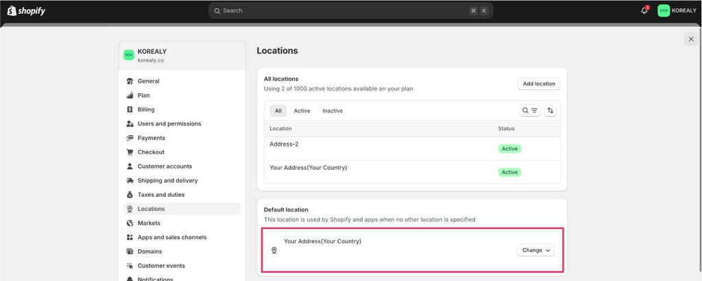 Regarding Address Settings (Locations) in Shopify